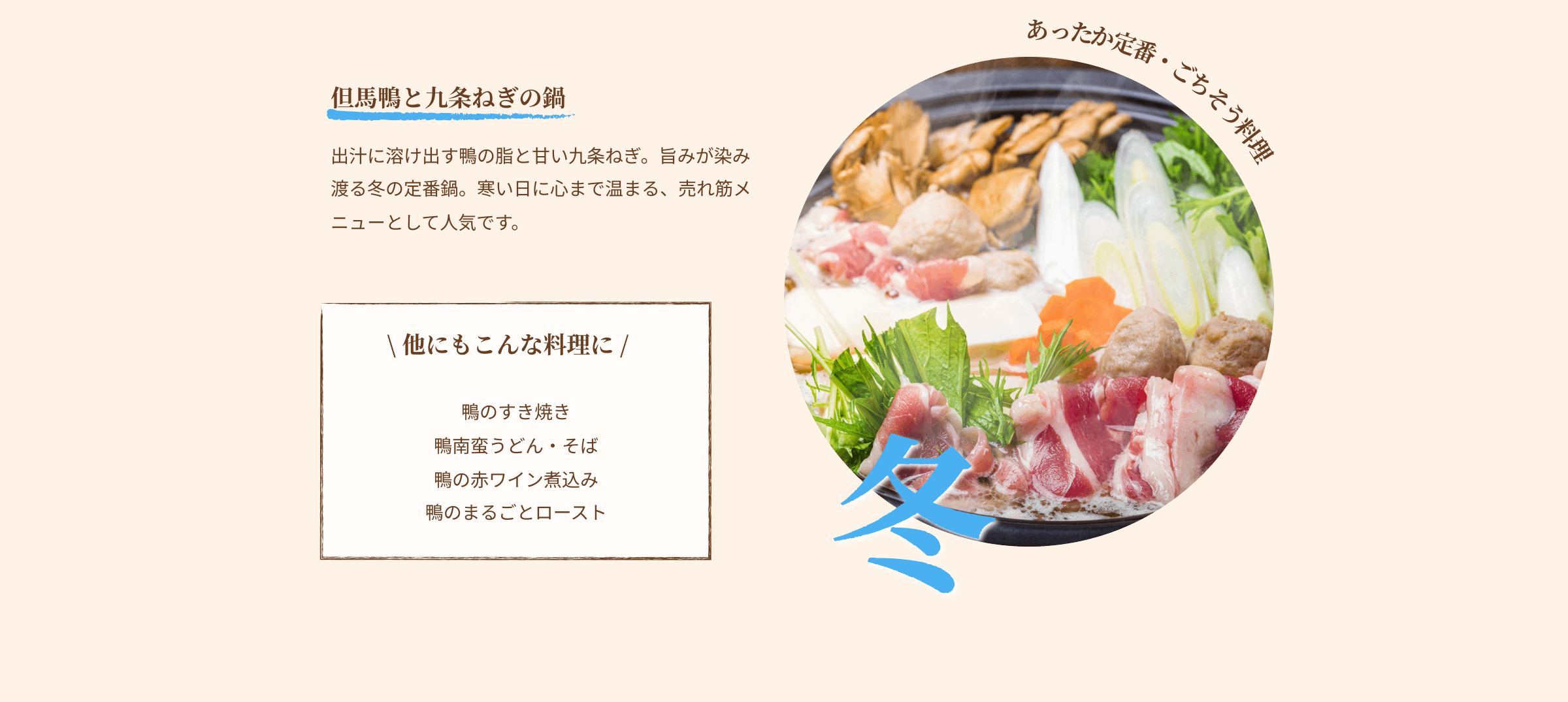 冬 あったか定番・ごちそう料理 但馬鴨と九条ねぎの鍋 出汁に溶け出す鴨の脂と甘い九条ねぎ。旨みが染み渡る冬の定番鍋。寒い日に心まで温まる、売れ筋メニューとして人気です。 他にもこんな料理に 鴨のすき焼き 鴨南蛮うどん・そば 鴨の赤ワイン煮込み 鴨のまるごとロースト