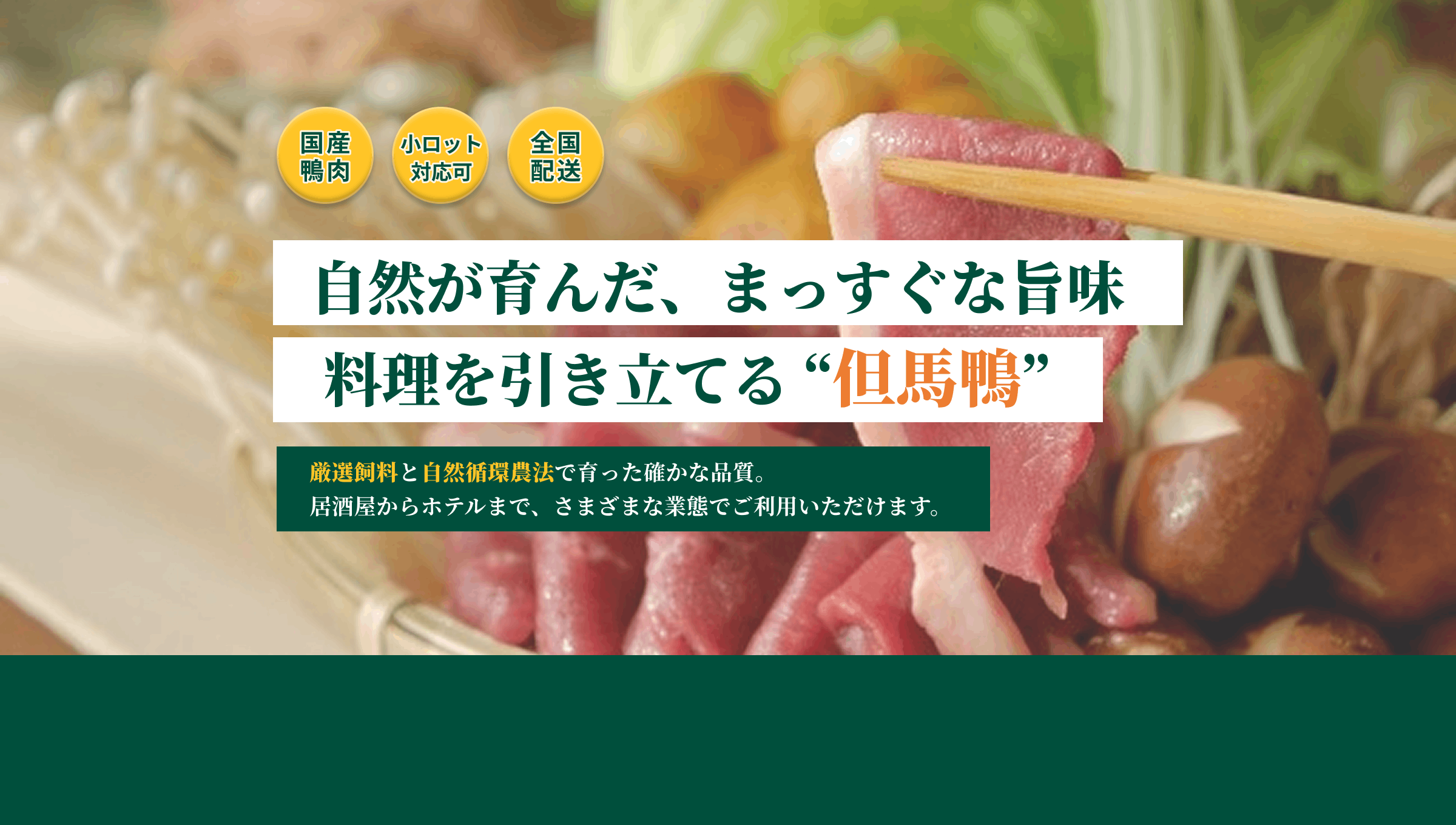 国産鴨肉 小ロット対応可 全国配送 自然が育んだ、まっすぐな旨味 料理を引き立てる「但馬鴨」厳選飼料と自然循環農法で育った確かな品質。居酒屋からホテルまで、様々な業態でご利用いただけます。