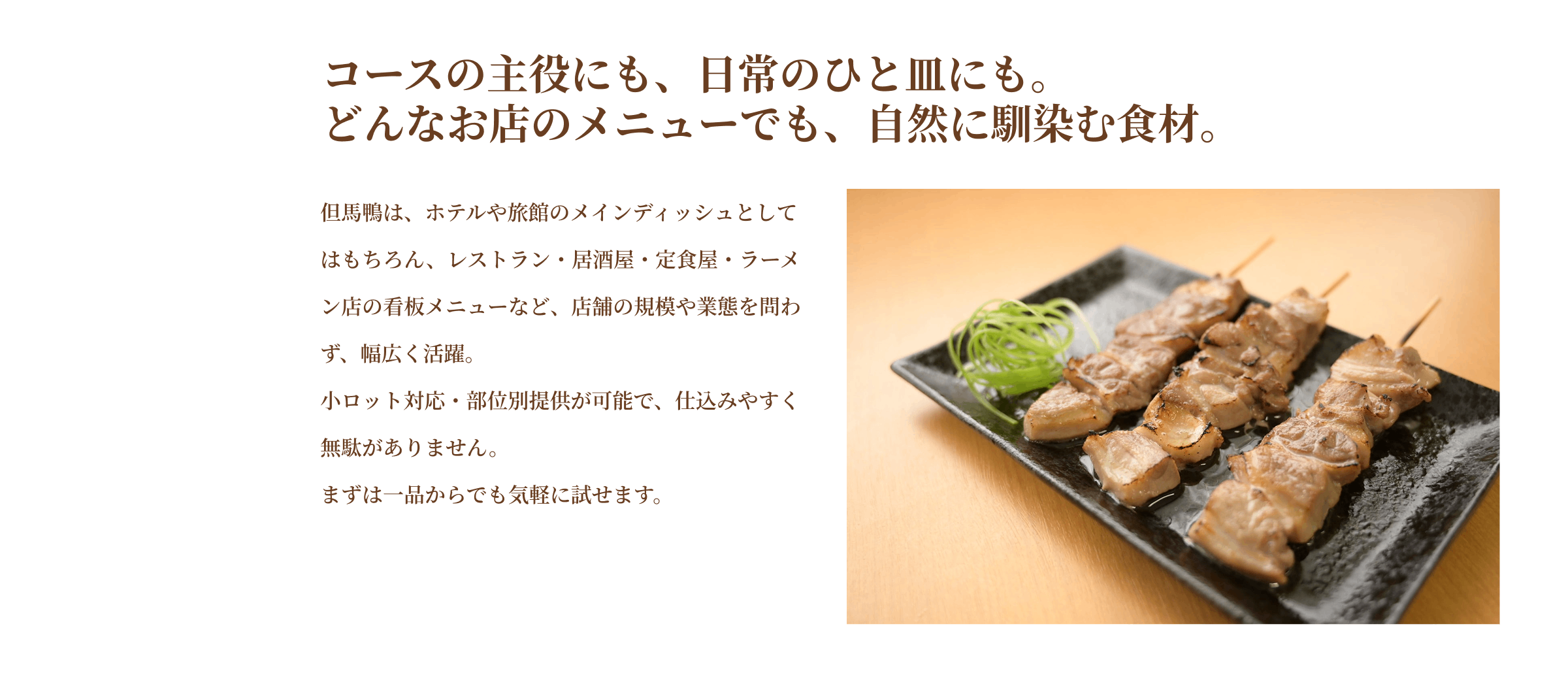 コースの主役にも、日常のひと皿にも。どんなお店のメニューでも、自然に馴染む食材。 但馬鴨は、ホテルや旅館のメインディッシュとしてはもちろん、レストラン・居酒屋・定食屋・ラーメン店の看板メニューなど、店舗の規模や業態を問わず、幅広く活躍。小ロット対応・部位別提供が可能で、仕込みやすく無駄がありません。まずは一品からでも気軽に試せます。