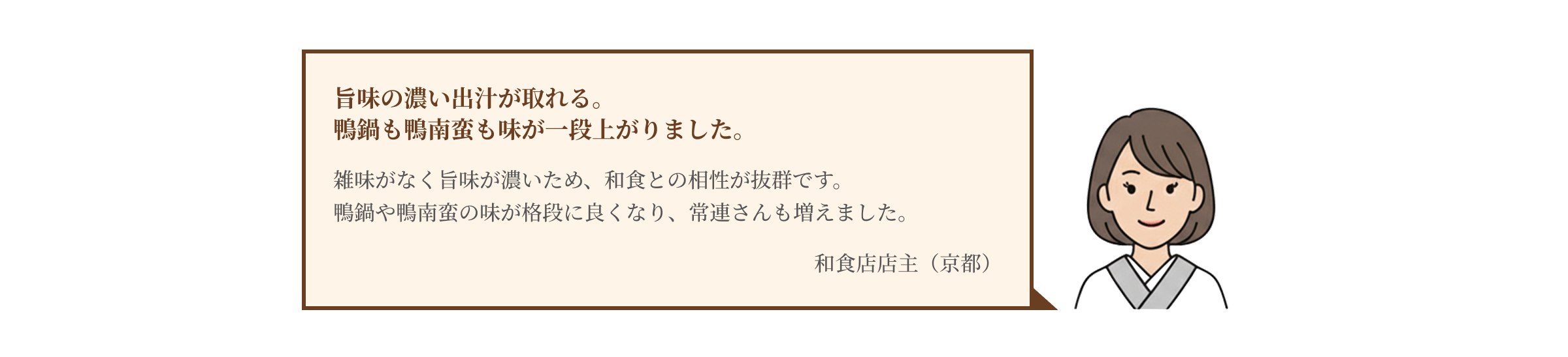 旨味の濃い出汁が取れる。鴨鍋も鴨南蛮も味が一段上がりました。雑味がなく旨味が濃いため、和食との相性が抜群です。鴨鍋や鴨南蛮の味が格段に良くなり、常連さんも増えました。和食店店主（京都）