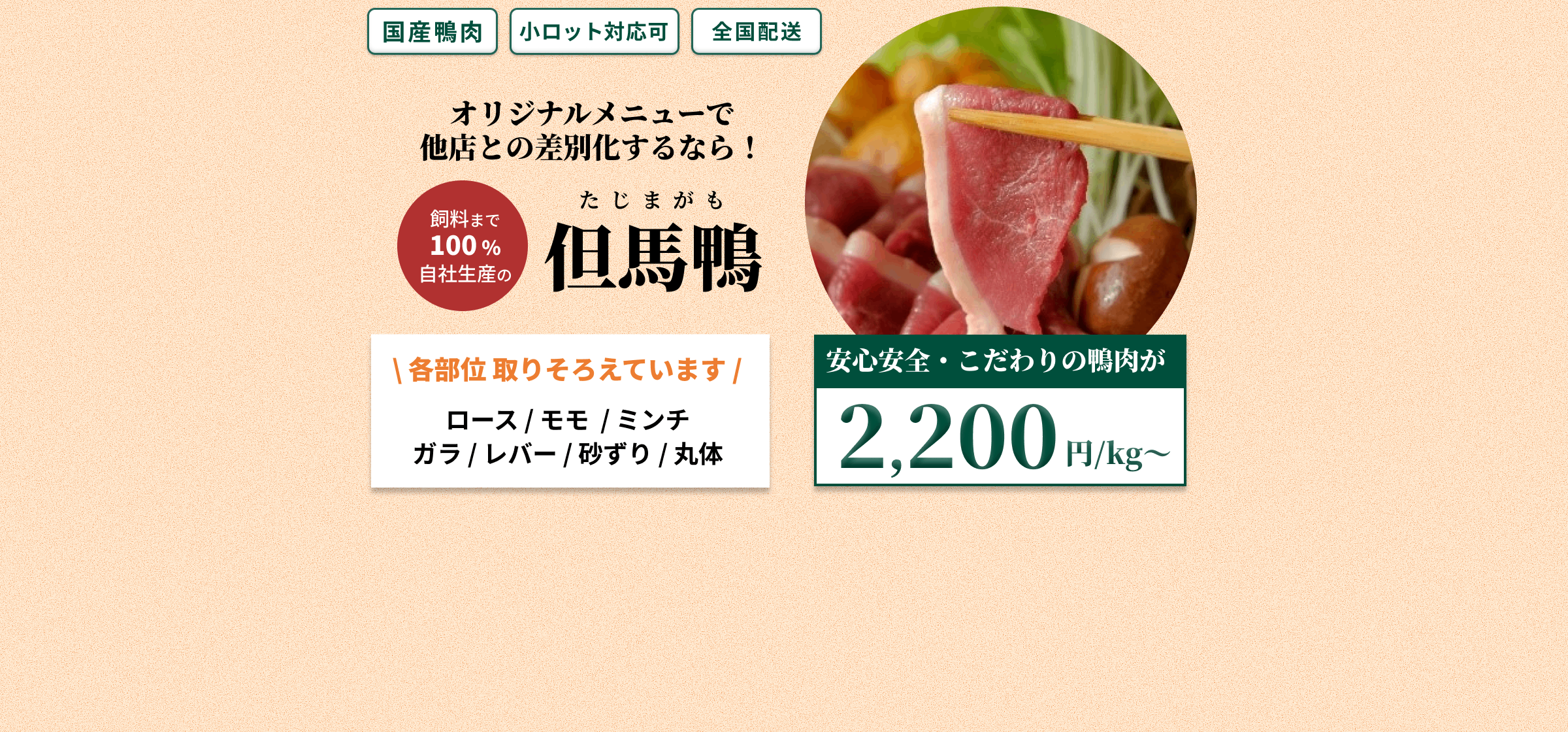 国産鴨肉 小ロット対応可 全国配送 オリジナルメニューで他店との差別化するなら!飼料まで100%自社生産の但馬鴨(たじまがも) 各部位取りそろえています ロース,モモ,ミンチ,ガラ,レバー,砂ずり,丸体 安心安全・こだわりの鴨肉が 2,200円/kgから