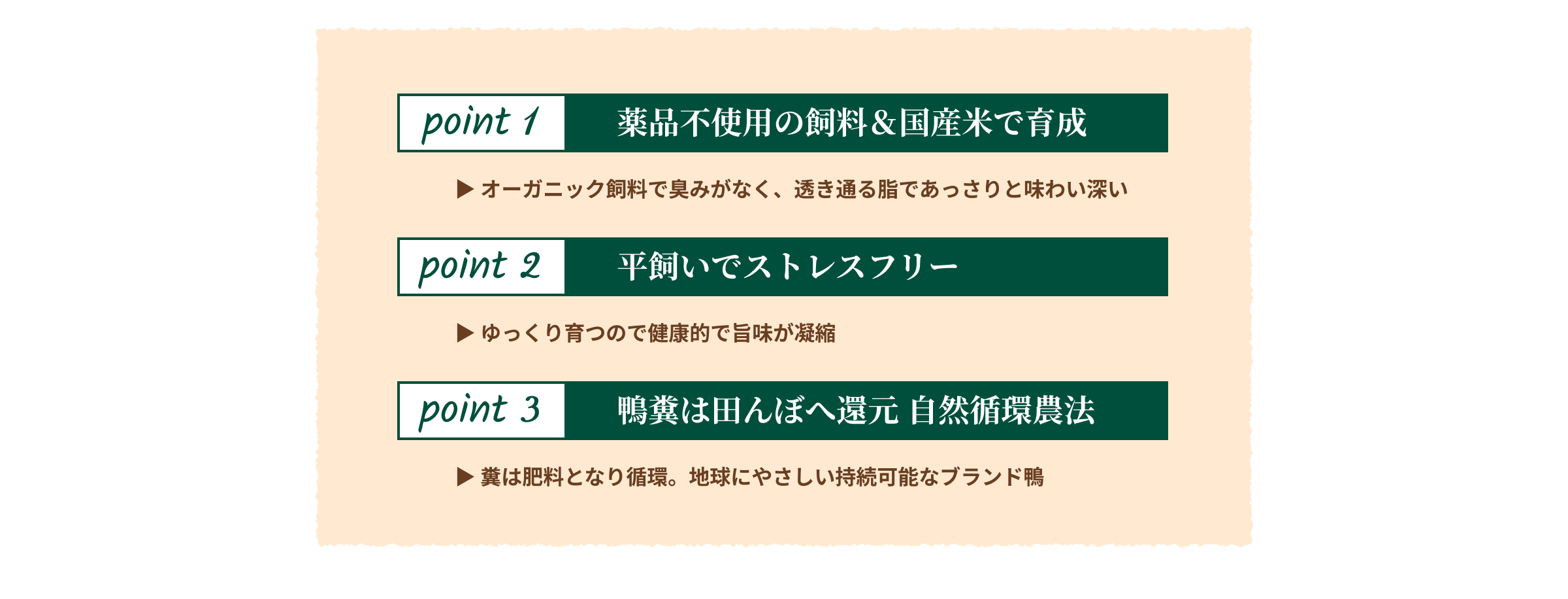 ポイント1 薬品不使用の飼料&国産米で育成 オーガニック飼料で臭みがなく、透き通る脂であっさりと味わい深い ポイント2 平飼いでストレスフリー ゆっくり育つので健康的で旨味が凝縮 ポイント3 鴨糞は田んぼへ還元 自然循環農法 糞は肥料となり循環。地球にやさしい持続可能なブランド鴨