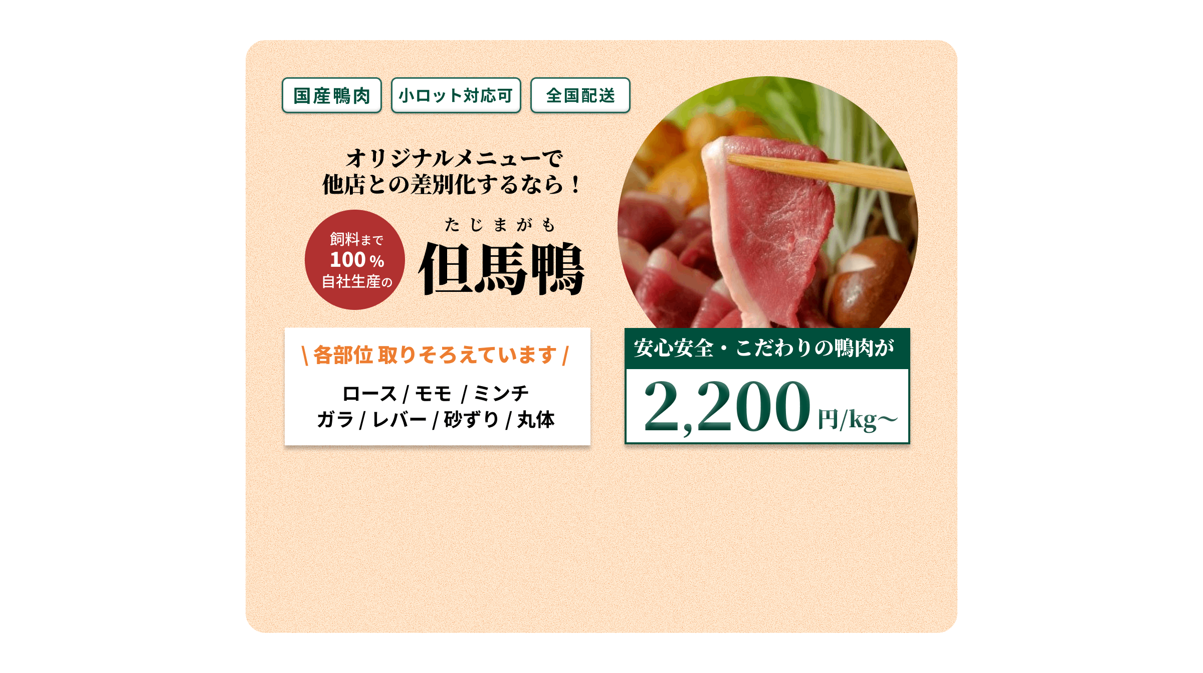 国産鴨肉 小ロット対応可 全国配送 オリジナルメニューで他店との差別化するなら!飼料まで100%自社生産の但馬鴨(たじまがも) 各部位取りそろえています ロース,モモ,ミンチ,ガラ,レバー,砂ずり,丸体 安心安全・こだわりの鴨肉が 2,200円/kgから